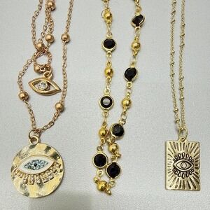 Gold Tone Chain Necklace Lot of 3 Evil Eye Black Stones Wisdom Protection Casual